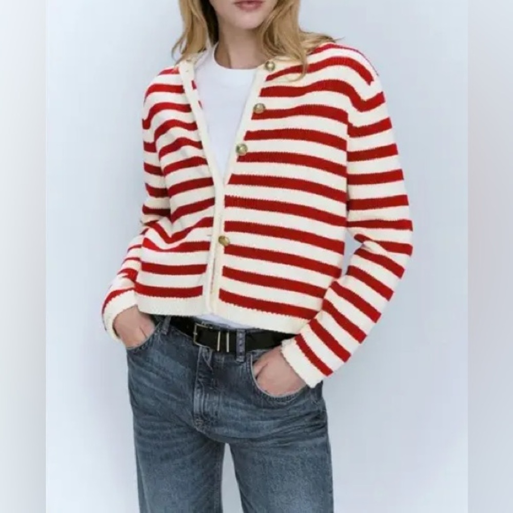 Massimo Dutti Red and White Cardigan SZ S